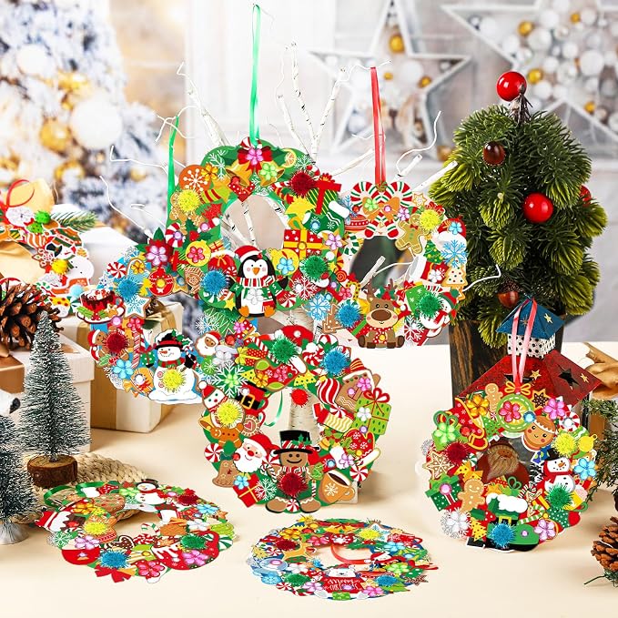 Hollowfly 48 Sets Christmas Wreath Craft Kits with Stickers | 8 Santa, Elk and Penguin Designs, 7.09 in Paper Hanging Ornaments for Christmas Parties and Classroom Activities