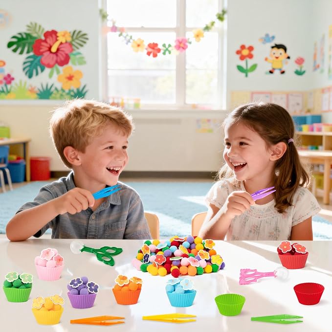 EZdhuawuse Summer Sensory Bin Fillers - 304Pcs Hawaii Flower Fine Motor Toys Counting Sorting for Kids, Felt Colorful Hawaii Flower Pom Poms Cup Clip for Preschool Education Birthday Gift Party Favors