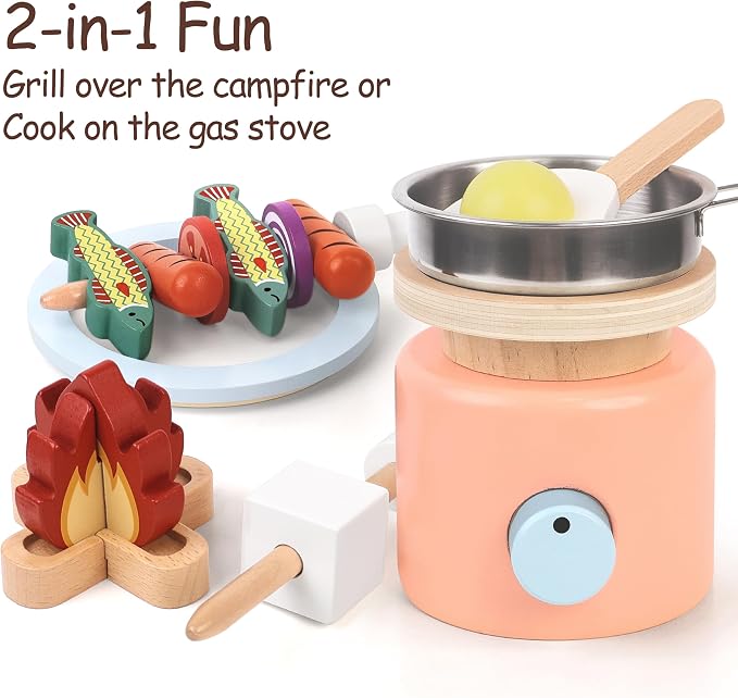 Pillowhale Wooden Campfire Playset – 25-Piece Kids S’Mores & Grill Pretend Camping Kitchen Toy, Glow-Look Fire, Skewers, Pan & Food, STEM Screen-Free Outdoor BBQ Gift for Boys & Girls Age 3+