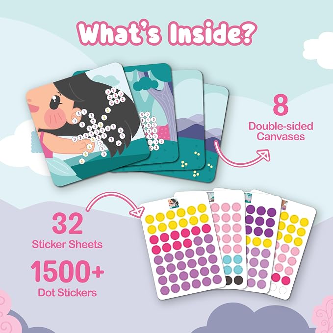 BINCA Dotties Dot Art Activity Kit, 1500+ Stickers, 8 Unicorns & Princesses Mess-Free Activities, DIY Dot Sticker Art, Kids Travel Activities, Gifts for Girls Ages 4,5,6,7