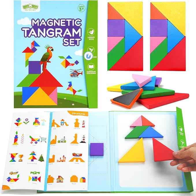 BenBen Travel Tangram Puzzle with 2 Sets Magnetic Wooden Shapes for Kids | Extra Large Dual-Sided Magnet Surface, Color Pattern IQ Book, Road Trip Car Plane Game, Educational STEM Toys for Kids Adults