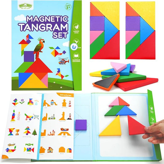 BenBen Travel Tangram Puzzle with 2 Sets Magnetic Wooden Shapes for Kids | Extra Large Dual-Sided Magnet Surface, Color Pattern IQ Book, Road Trip Car Plane Game, Educational STEM Toys for Kids Adults