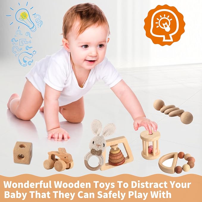 Wooden Toys for Babies, 7PCS Wooden Baby Rattle for 7-24 Months Boys Girls, Natural Wood Montessori Toys Set with Crochet Rabbit Rattle for Infant Grasping, Gift for Baby