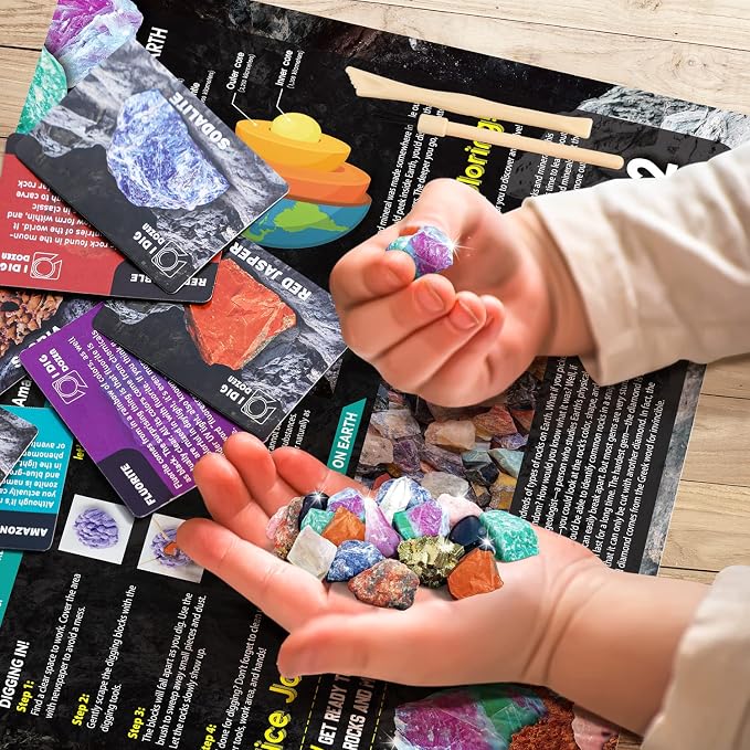 Gamerside Gem Digging Kit, 12 Rock Digging Kit for Kids 6+ | Excavate Real Gems & Crystals, 12 Mining Tools Set & Rock & Mineral Identification, Great Geology Gift for Boys Girls