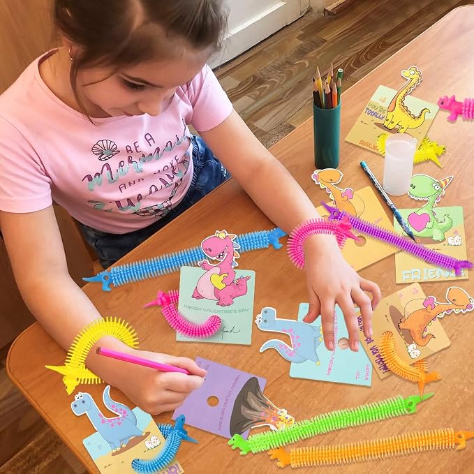 Valentines Day Cards for Kids - 24Pcs Dinosaur Cards With Glow in Dark Stretchy String Sensory Fidget Toys for Party Favors, Classroom Exchange Gifts, School Supplies
