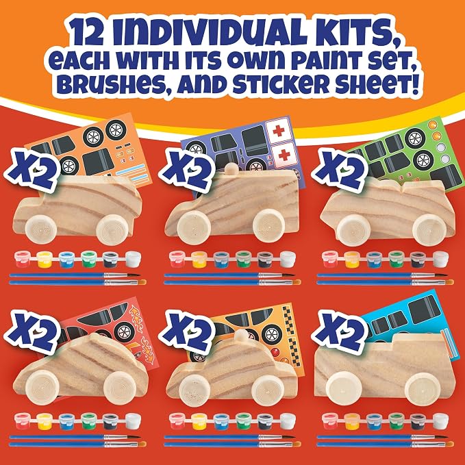 Kids Paint Your Own Wooden Car Craft Kits (12 Pack) – DIY Wood Painting Art Kits, Individually Wrapped w Paint, Brush & Bonus Decal Stickers – Party Favors, Classroom Crafts, Bulk Kids Activities