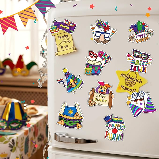 Purim Coloring Craft Kit - 30Pcs Happy Purim Color Your Own Magnets for Kids Blank DIY Coloring Fridge Magnets for Jewish Purim Carnival Holiday Party Supplies School Classroom Activities Decor