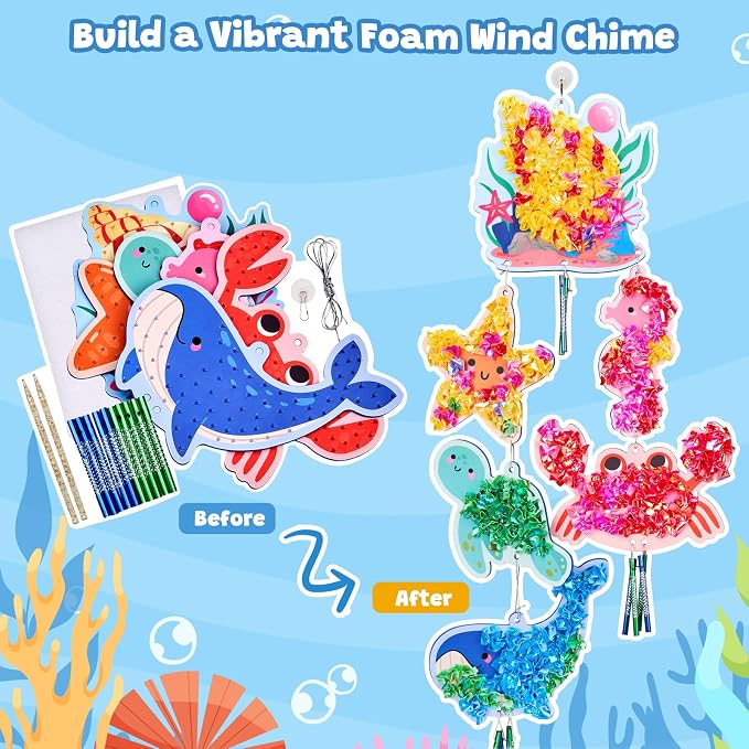 JoyCat Poke Art Wind Chime Craft Kit for Kids, 6 Ocean Figures | Poke colorful fabric into 6 ocean figures, then add chime pieces to create hanging room decor with gentle sound.