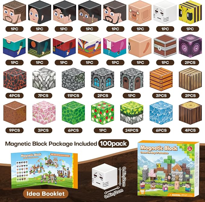 100pcs Magnetic Building Blocks,Magnetic Cubes STEM Sensory Toy for Ages 3+ | Magnet Tiles with 3D Adventure World Theme,,Girl Boys Gifts,Sensory School Classroom Learning,Parent-child Collaboration