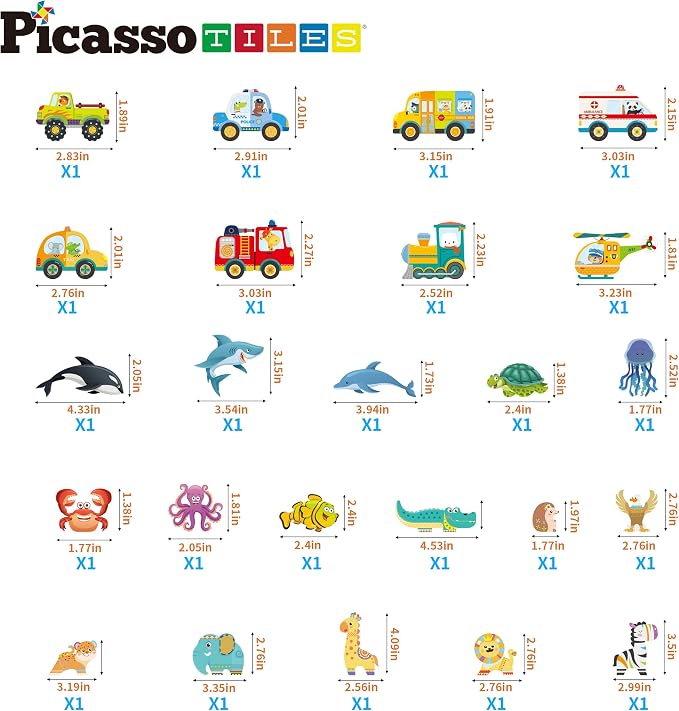 PicassoTiles Magnet Tiles Building Blocks 3-in-1 Aquarium Safari Animal & Metro Theme Playset with 24 Character Action Figures Magnetic STEM Learning Toys Construction Set Toddler kids Ages 3+ PTQ1245