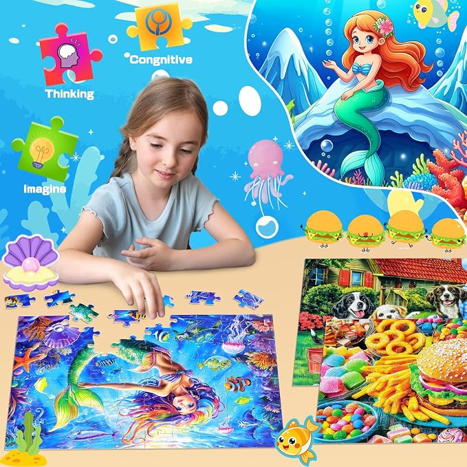 4 Packs 100 Piece Puzzles for Kids Ages 4-6 6-8 8-10, Mermaid Dogs Cats Hamburger Educational Jigsaw Puzzles, Birthday Kids Gifts for Boys Girls Teens Adults Kids Puzzles 4-6 5-8