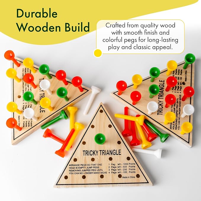 3 Pack - Wooden Triangle Peg Board Game - Retro Mini Travel Game