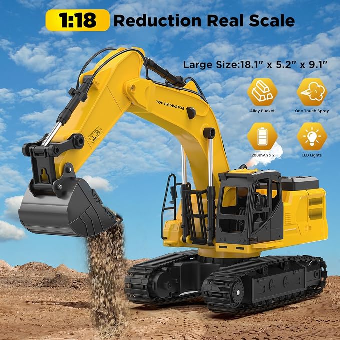 1:18 Metal RC Excavator Toy for Kids | 11-Channel Remote Control Construction Vehicle with Water Spray, Lights & Sounds, Dual 100-Min Batteries, 2026 New STEM Engineering Toy for Boys Ages 6-12