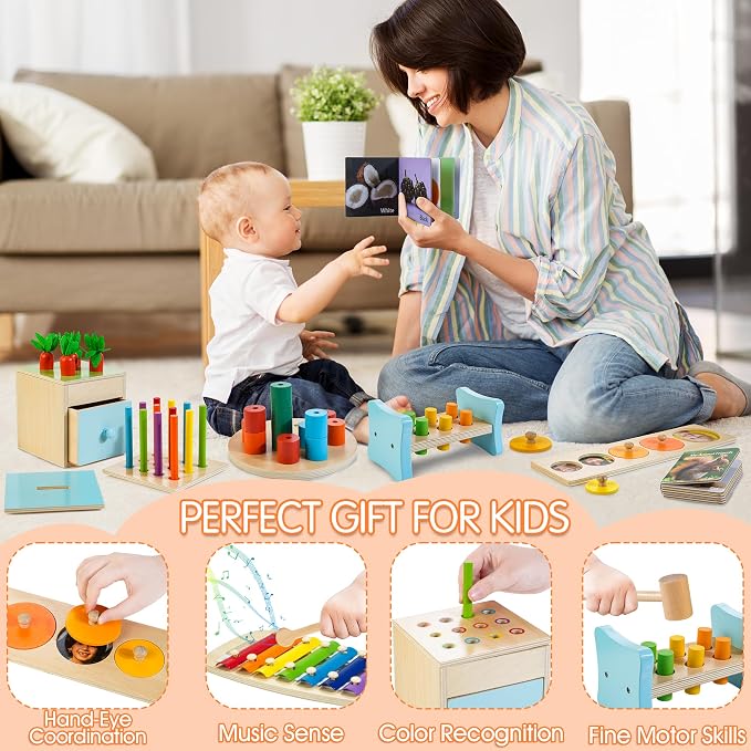 WOODMAM Wooden Montessori Toys for 1+ Year Old, 9 in 1 Educational Play Kit | Toys for 13-18 Months, One Year Old Boy Girl Birthday Gift, Early Learning Toys with Xylophone, Pound Bench, Shape Puzzle