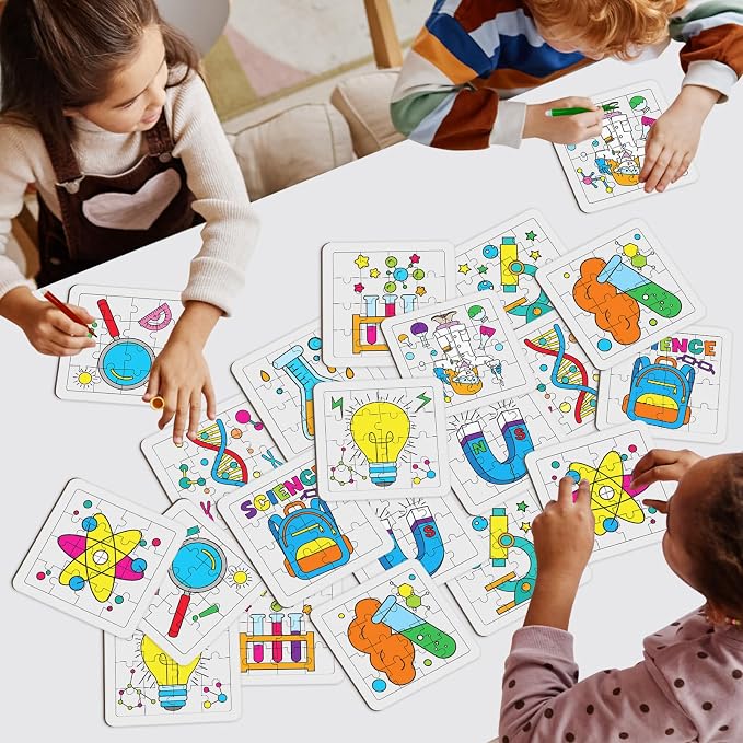 Cinrobiye 24 PCS Science Coloring Puzzle Craft Kit for Kids, DIY STEM Science Jigsaw Puzzles Bulk with 12 Designs, Educational Classroom Activities, Sciences Party Favors, Art Projects