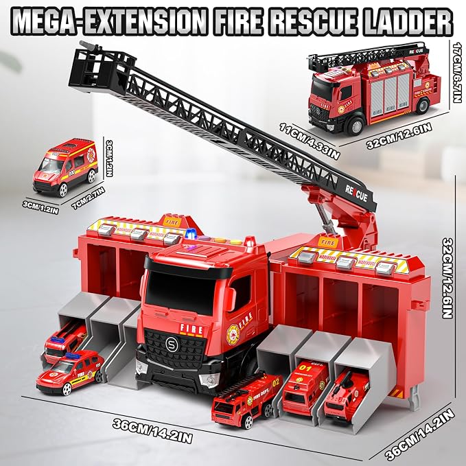 Lehoo Castle Fire Truck Toy for 3 4 5 Years Old Boy | Fire Trucks Playset with Rotating Ladder, Realistic Lights & Sounds, Birthday Gifts for Toddlers 3+