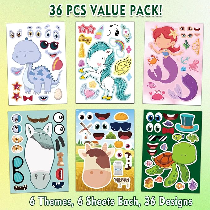 36 Make-a-Face Sticker Sheets for Kids | Mix 'n Match Animal Sticker Crafts with 6 Themes for Party Favors, Goodie Bag Stuffers & Classroom Activities