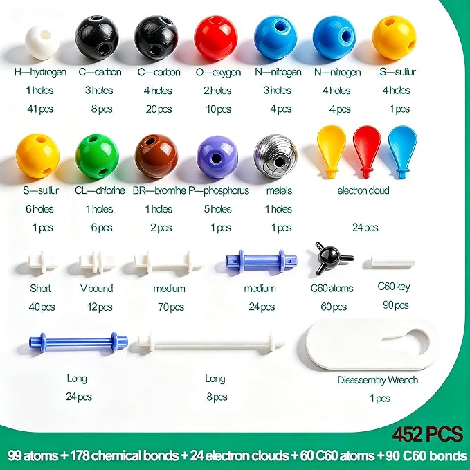EXBEPE Chemistry Molecular Model Kit 452pc with C60,Educational Science Set Learning Chemistry Atoms,Bonds and Structures Teaching Aids School Supplies