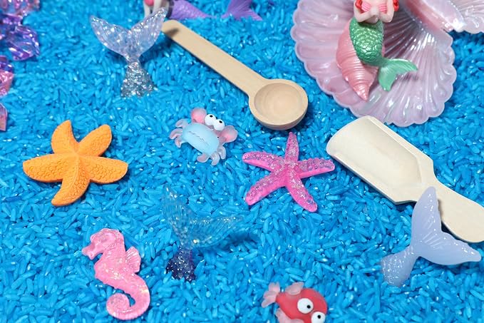 Mermaid Sensory Bin Kit for Kids | Blue Rice, Pinto Beans, Mermaids, Gems, Shells & Treasure Chest – Ocean-Themed Sensory Play with Storage Bin