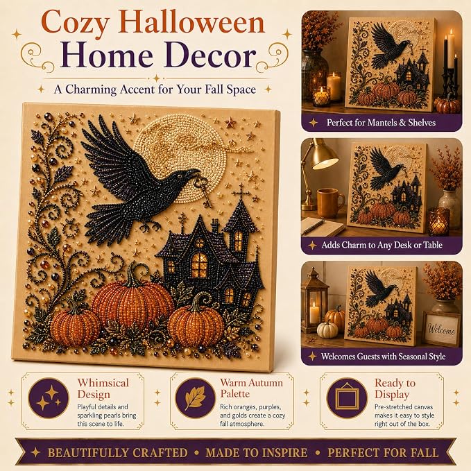 Halloween Pearl Art Kit for Adults, DIY Fall Craft (Crow) | Create textured Halloween decor through a screen-free, beginner-friendly craft activity.