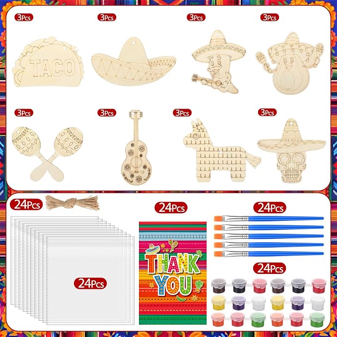 Saypacck 24 Pcs Mexican Taco Party Favors Wooden Paint Craft Kits | Mexican Taco Theme Painting Crafts, Fairy Princess Unicorn Party Supplies, Organza Bags Included for Goodie Bag Fillers