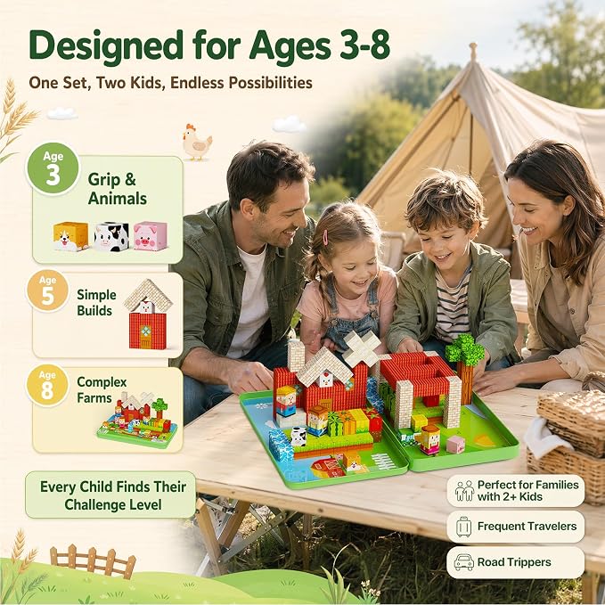 Magnetic Cubes Farm Travel for Kids: Hold 15 Blocks, 60s Storage | 100 PCS Animal Building Set, N32 Magnets & Portable Tin Case – Screen-Free Car, Plane & Road Trip Toy for 2 Toddlers Ages 3-8