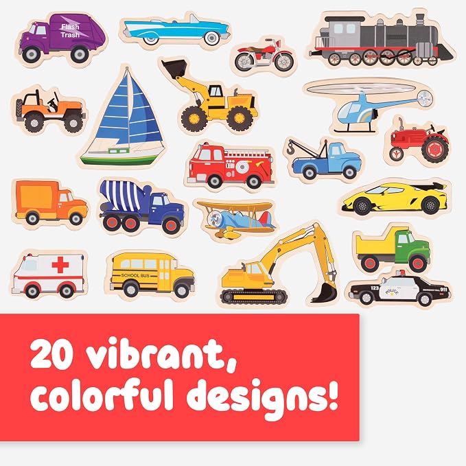 Spark & Wow Wooden Magnets, Transport | Magnets for Kids Ages 2+, Perfect for Fridges, Whiteboards and More