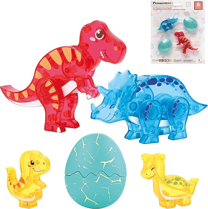 PicassoTiles Magnetic Tiles Dinosaur Egg Set 4 Dinos with 2 Hatchable Eggs Character Action Figures Accessory for Magnet Tile Building Construction STEM Pretend Play Learning Toys Kids Ages 3+ PTA35