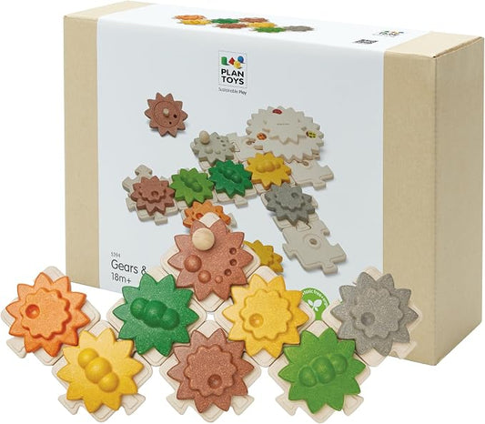 PlanToys® Wooden Gears & Puzzles Set Montessori STEM Kids Educational Toy | rotating parts, cause and effect toys, construction toys, girls, boys, logical thinking fine motor learning gift set fun