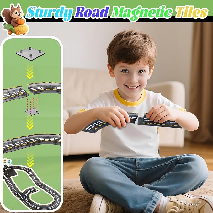 SKTMYY 153PCS Magnetic Tiles Road Set with Toy Car & Flowers Building Toy, Magnet Tiles for Kids, Magnetic Building Blocks, STEM Toy Gift for Boys and Girls, Garden Track Themed