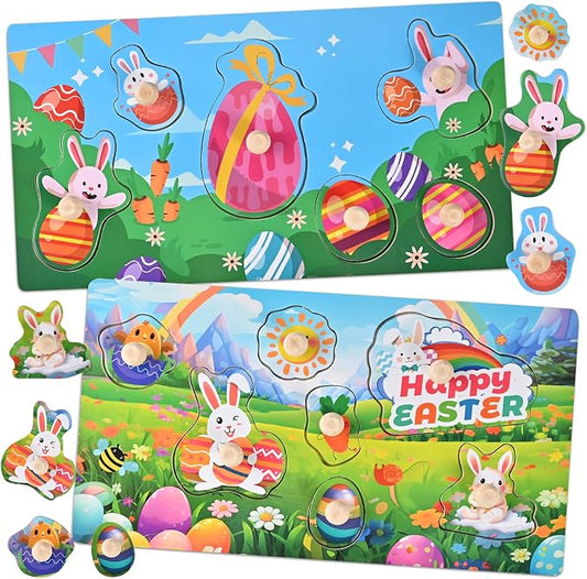 Easter Basket Stuffers-2 Pack Easter Puzzles | Wooden Peg Puzzles for Toddlers 1-3, Montessori Learning Toys, Easter Basket Fillers Gifts Party Favors for Kids Boys Girls