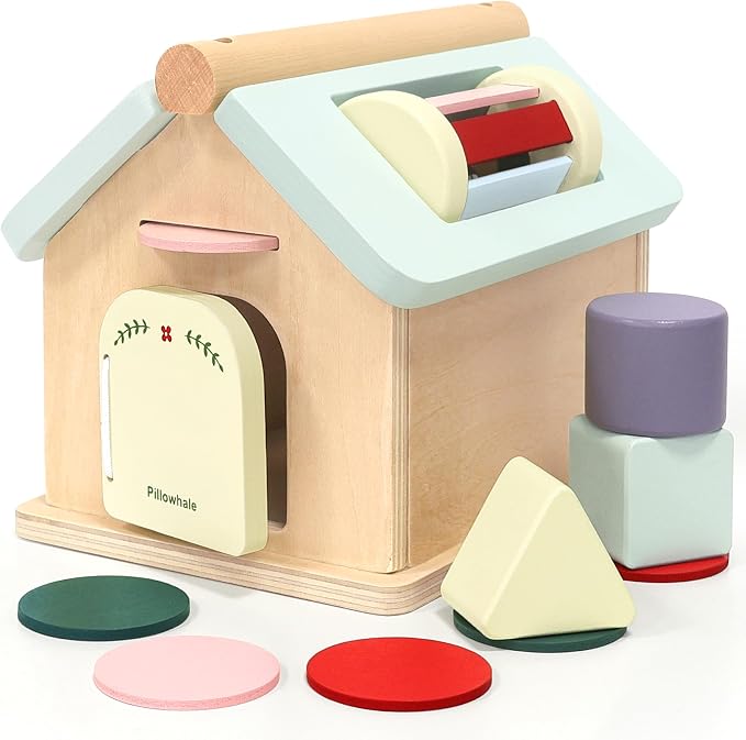 Pillowhale Montessori Activity Cube for Toddlers 12 Months+, Wooden 5-in-1 Learning Toy with Object Permanence Box, Shape Sorting & Stacking, Fine Motor Skills Toy for Baby Boys Girls