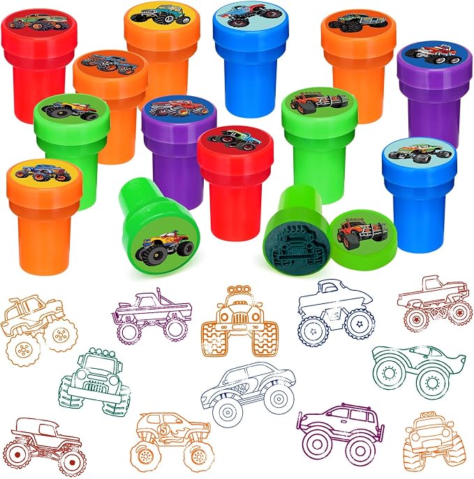 Cinrobiye 24 Pcs Monster Truck Stampers Party Favor Set, Cute Racing Truck Stamps for Kids Birthday Party, Classroom Rewards, Goody Bag Fillers, Car Racing Party Supplies, Monster Truck Themed Toys