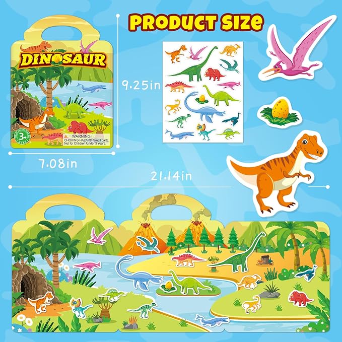 Sticker Books for Toddlers 2-4 Years, Travel Sticker Book with Washable Jelly Stickers, Foldable Carry Handle Quiet Toy, 5 Theme Scenes for Kids 3-5, Dinosaur+Space+Ocean+Fairy Tale+Pizza