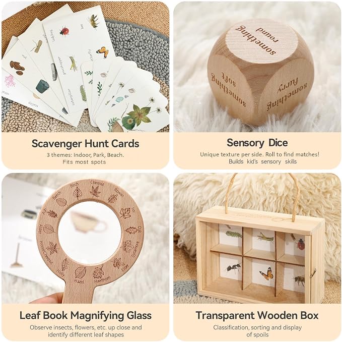 Wooden Scavenger Hunt for Kids Ages 4-8, 6-in-1 Explorer Kit, Bug Catching Kit with Scavenger Hunt Cards, Storage Box, Dice, Magnifying Glass, Indoor/Outdoor Games for Kids Ages 4+