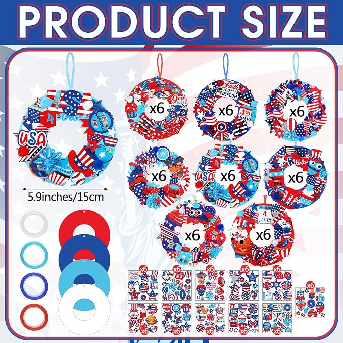 Hollowfly 48 Sets Patriotic Craft Kit, 4th of July Wreath DIY Paper | Pre-cut Foam Paper Pieces for Easy Assembly, Kids Classroom Party Crafts, Memorial Independence Day 250th Anniversary Decor