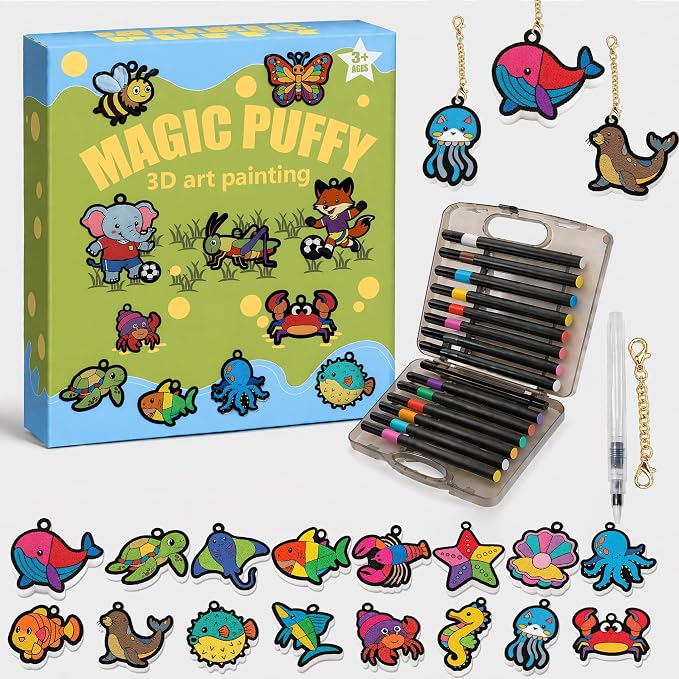 MWOMGLP Magic Foam Texture Painting Kit, 16 Pack DIY Puffy Foam Art Craft Set for Kids, 3D Sensory Painting Paper with Colorful Foam Sheets, Creative Gift for Boys Girls Ages 3+(Color Marine Animal)