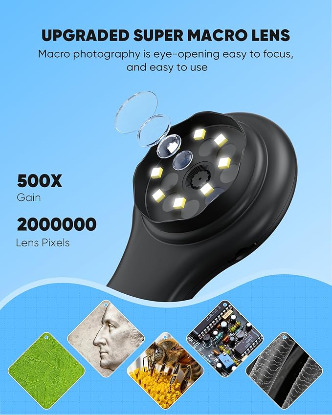 Microscope for Kids - Mini Pocket Digital Kids Microscope, Portable Handheld USB 500X Magnifying Glass, 4X Zoom, Christmas Birthday Gifts for Boys Girls Aged 3-12