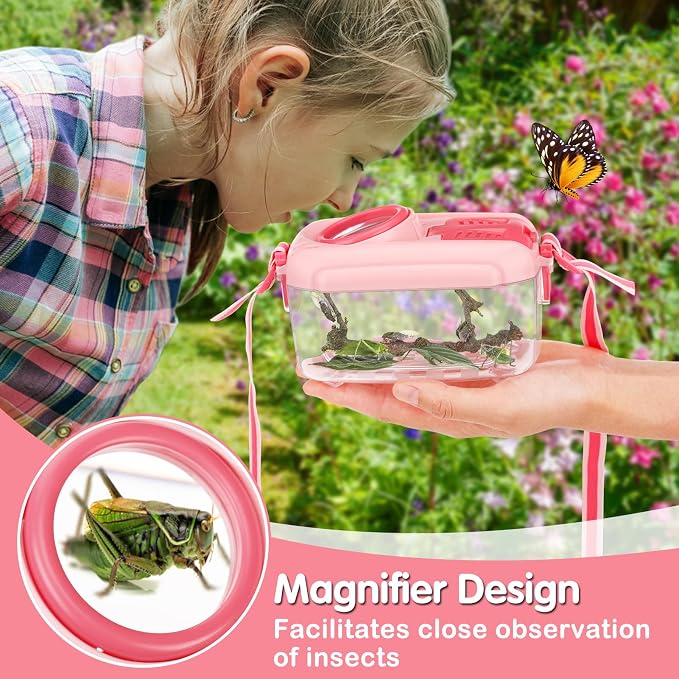 2 Sets Bug Catcher for Kids, Bug Catching Kit Gifts with Butterfly Net Toys | Built-in Magnifying Glass Bugs Box, Kids Camping Toys Bugs Collection Outdoor Explorer Kit for Girls Age 3 4 5 6 7 8, Pink