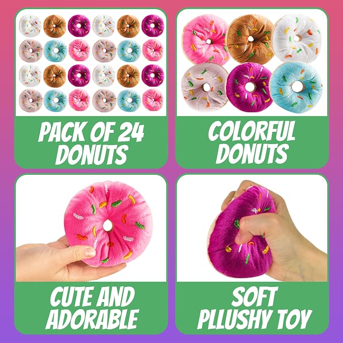 Plush Donut Toys with Sprinkles (24-Pack) Stuffed Donut Party Favors | Soft Stuffed Donuts for Donut Party Supplies, Birthday Decorations, Kids Party Favors, Goodie Bags & Classroom Rewards
