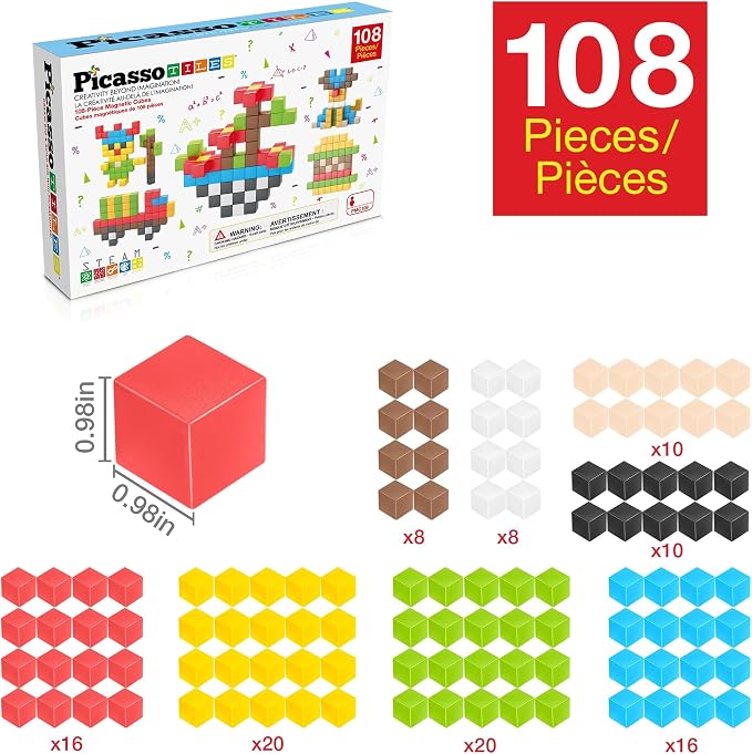 PicassoTiles 108 Piece Magnetic Cubes, 1 Inch STEM Building Set for Kids 3+ | 50+ design idea book included, hidden connector construction, BPA-free non-toxic materials, preschool ready, screen-free play