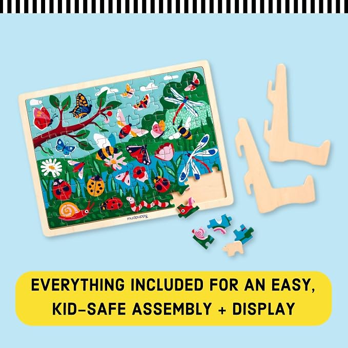 Mudpuppy Garden Life 100 Piece Wooden Puzzle for Kids, Ages 5+ | Scenic Garden Theme, Bright and Bold Illustrations, Display Stand Included, Sturdy Pieces, Wood, Room Decor
