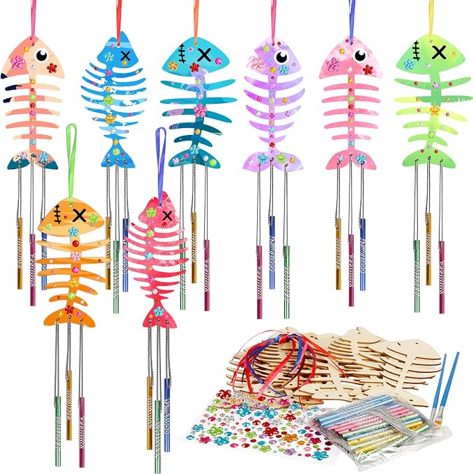 Fennoral 12 Pack Fish Bone Wind Chime Craft Kit for Kids | Make You Own Wooden Arts and Crafts Ornaments DIY Coloring for Classroom Art Activities Birthday Party Gifts