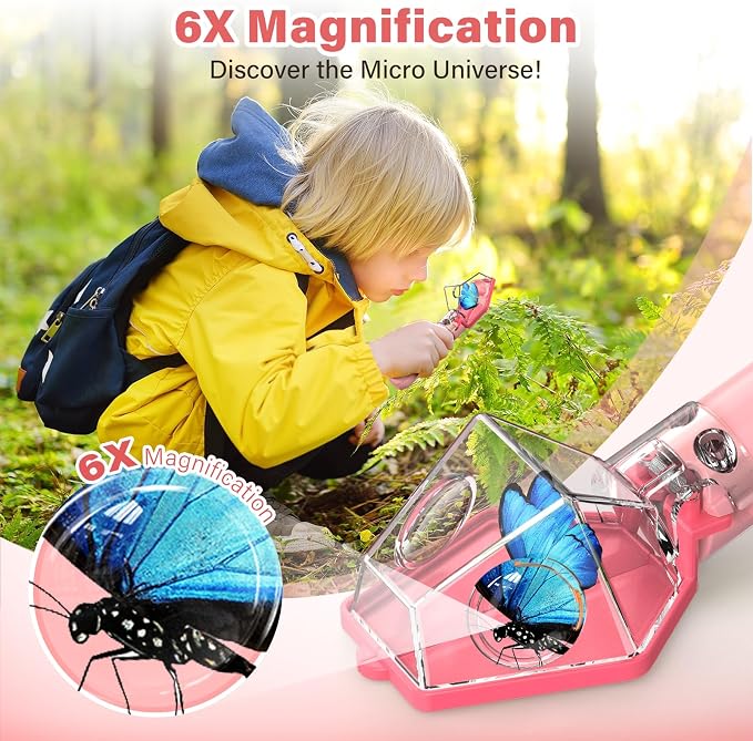 Bug Catcher for Kids, Insect Trap Kit with 6X Magnifier Glass - STEM Educational Exploration Tool for Indoor and Outdoor,Christmas Birthday Gifts Toys for Adults, Boys, and Girls (Pink 2PCS)