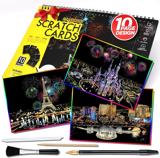 10-Board Scratch Art Book for Adults, Rainbow Cityscape Kit with Tools | Scratch art tools reveal 10 rainbow cityscapes for screen-free tabletop entertainment at home, during travel or with friends.