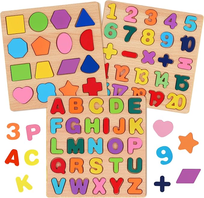 Attmu Alphabet Wooden Puzzles for Toddlers 3 Pcs ABC Shape Number Puzzle | Learning Toys for Kids, Preschool Educational Activities Toddler Gift Toys for Girls Boys Christmas Valentines Easter