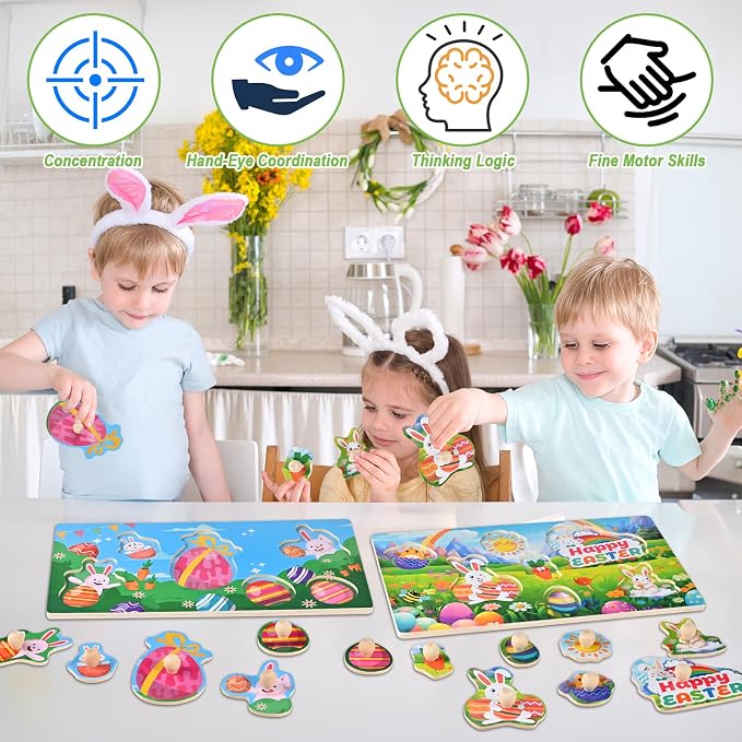 Easter Basket Stuffers-2 Pack Easter Puzzles | Wooden Peg Puzzles for Toddlers 1-3, Montessori Learning Toys, Easter Basket Fillers Gifts Party Favors for Kids Boys Girls