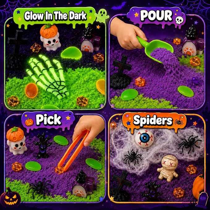 Halloween Sensory Bin Rotating Sandbox with Glow Sand Kit for Kids | Sensory Play Set with Glow-in-the-Dark Sand and Halloween Figures, gift for for boys and girls ages 3-8
