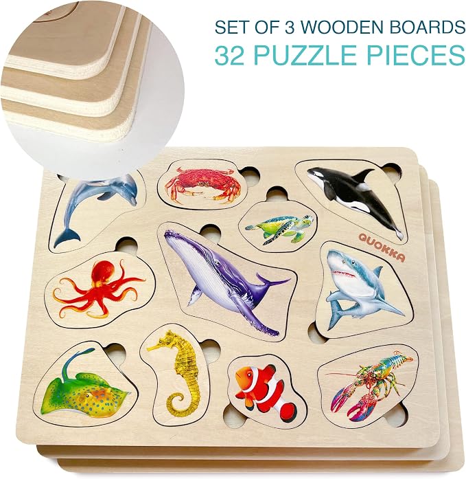 Wooden Puzzles for Toddlers 1-3 - 3 Montessori Kid Puzzles Ages 2-4 | Realistic Toddlers Puzzle for Kids 3-5 Year Old Boy and Girl - Wood Learning Toy with Animals for Children