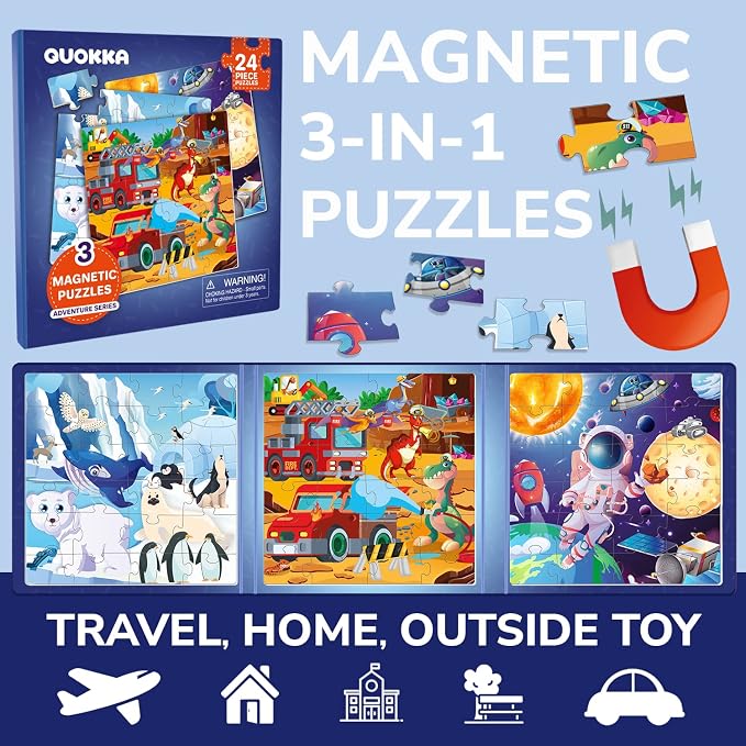 QUOKKA Travel Magnetic Puzzles for Toddlers 1-3 – 20+Pcs Animals Game with Extra-Long Play Book – Fun Travel Jigsaw Game Toy for Kids Ages 3-5 – Strong Magnets for Car Activities